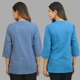Combo of 2 Blue and Denim Blue Cotton Flax Women Top