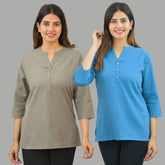 Combo of 2 Blue and Gray Cotton Flax Women Top