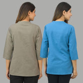 Combo of 2 Blue and Gray Cotton Flax Women Top