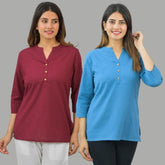 Combo of 2 Blue and Maroon Cotton Flax Women Top