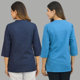 Combo of 2 Blue and Navy Blue Cotton Flax Women Top