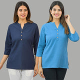 Combo of 2 Blue and Navy Blue Cotton Flax Women Top