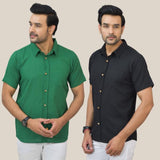 Combo of 2 Bottle Green and Black Solid Cotton Men Shirt