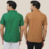 Combo of 2 Bottle Green and Brown Solid Cotton Men Shirt