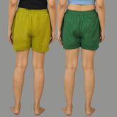 Combo of 2 Bottle Green and Mustard Yellow Cotton Women Shorts