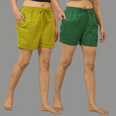 Combo of 2 Bottle Green and Mustard Yellow Cotton Women Shorts
