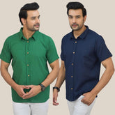 Combo of 2 Bottle Green and Navy Blue Solid Cotton Men Shirt-25401