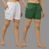Combo of 2 Bottle Green and White Cotton Women Shorts-10596