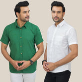 Combo of 2 Bottle Green and White Solid Cotton Men Shirt-25406