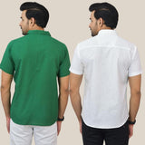 Combo of 2 Bottle Green and White Solid Cotton Men Shirt-25406