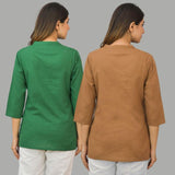Combo of 2 Brown and Green Cotton Flax Women Top-10412