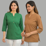Combo of 2 Brown and Green Cotton Flax Women Top-10412
