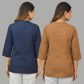 Combo of 2 Brown and Navy Blue Cotton Flax Women Top-10419
