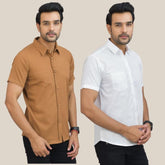 Combo of 2 Brown and White Solid Cotton Men Shirt-25433