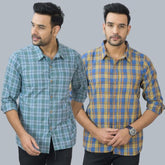 Combo of 2 Cotton Men Full Sleeves Checks Shirts Blue and Gray-46973