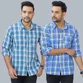 Combo of 2 Cotton Men Full Sleeves Checks Shirts Blue and Gray-46990
