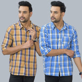 Combo of 2 Cotton Men Full Sleeves Checks Shirts Blue and Mustard-46992