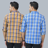 Combo of 2 Cotton Men Full Sleeves Checks Shirts Blue and Mustard-46992