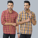 Combo of 2 Cotton Men Full Sleeves Checks Shirts Mustard and Maroon-46963