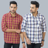 Combo of 2 Cotton Men Full Sleeves Checks Shirts White and Maroon-46958
