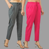 Combo of 2 Dark Gray and Magenta Pink Cotton Flax Women Trouser Pants-11420