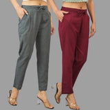 Combo of 2 Dark Gray and Maroon Cotton Flax Women Trouser Pants-11419