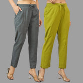 Combo of 2 Dark Gray and Olive Green Cotton Flax Women Trouser Pants-11422
