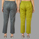 Combo of 2 Dark Gray and Olive Green Cotton Flax Women Trouser Pants-11422