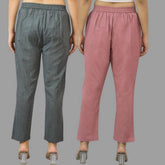 Combo of 2 Dark Gray and Pink Cotton Flax Women Trouser Pants-11423
