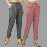Combo of 2 Dark Gray and Pink Cotton Flax Women Trouser Pants-11423