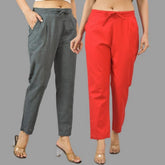 Combo of 2 Dark Gray and Red Cotton Flax Women Trouser Pants-11424