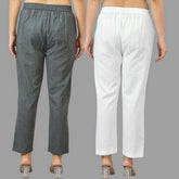 Combo of 2 Dark Gray and White Cotton Flax Women Trouser Pants-11427