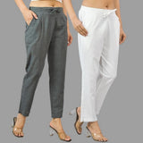 Combo of 2 Dark Gray and White Cotton Flax Women Trouser Pants-11427