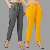 Combo of 2 Dark Gray and Yellow Cotton Flax Women Trouser Pants-11428
