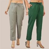 Combo of 2 Gray and Bottle Green Cotton Flax Women Trouser Pant-10339