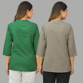 Combo of 2 Gray and Green Cotton Flax Women Top-10417