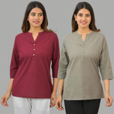Combo of 2 Gray and Maroon Cotton Flax Women Top-10439