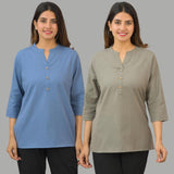 Combo of 2 Gray and Sky Blue Cotton Flax Women Top-10644-A
