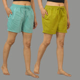 Combo of 2 Green and Cyan Cotton Women Shorts-10551