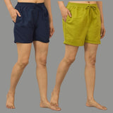 Combo of 2 Green and Navy Blue Cotton Women Shorts-10568