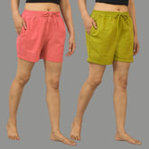 Combo of 2 Green and Peach Cotton Women Shorts-10581