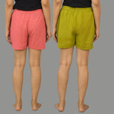 Combo of 2 Green and Peach Cotton Women Shorts-10581