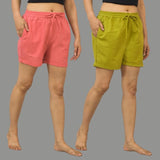 Combo of 2 Green and Peach Cotton Women Shorts-10581