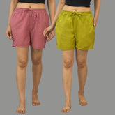 Combo of 2 Green and Pink Cotton Women Shorts-10560