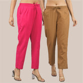Combo of 2 Magenta Pink and Brown Cotton Flax Women Trouser Pant-10351