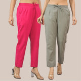Combo of 2 Magenta Pink and Gray Cotton Flax Women Trouser Pant-10360