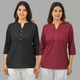 Combo of 2 Maroon and Black Cotton Flax Women Top-10426