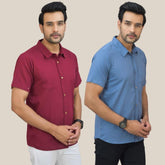 Combo of 2 Maroon and Sky Blue Solid Cotton Men Shirt-25425-A
