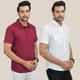 Combo of 2 Maroon and White Solid Cotton Men Shirt-25428
