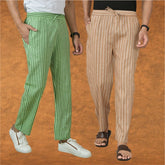 Combo of 2 Men Beige Olive Green Cotton Handloom Stripe Pant-15087